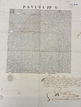 Breve apostólico de Paulo V, texto latino, concediendo a los Superiores Generales de las Órdenes mendicantes el envío de religiosos a Japón e Islas adyacentes.