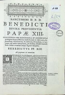 Copia certificada de la constitución de Benedicto XIII para el restablecimiento y conservación de la disciplina regular en la Orden de Frailes Menores.