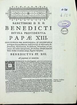 Copia certificada de la constitución de Benedicto XIII para el restablecimiento y conservación de la disciplina regular en la Orden de Frailes Menores.