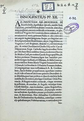Ad perpetuam rei memoriam. Constitución apostólica de Inocencio XII relativa al culto y oficio de la Inmaculada Concepción de la Virgen María.