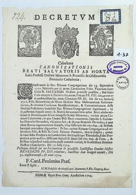 Decreto de la Sagrada Congregación de Ritos sobre la concesión del oficio y misa del beato Salvador de Horta.