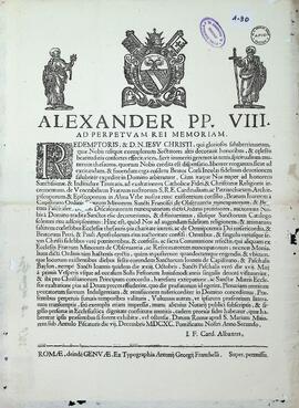 Decreto “Redemptoris et Domini” del Papa Alejandro VIII sobre indulgencias en las fiestas de San Juan de Capistrano y San Pascual Bailón