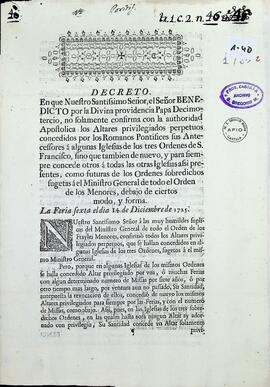 Expediente sobre la publicación en el arzobispado de México del decreto de Benedicto XIII relativo a los altares privilegiados y del breve de concesión de indulgencia plenaria en las iglesias franciscanas.