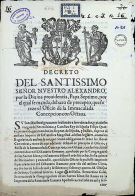 Decreto del papa Alejandro VII ordenando que se rece el Oficio de la Inmaculada Concepción con Octava.