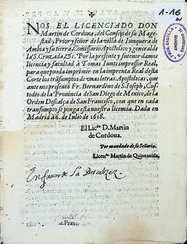 Breve apostólico de Pablo V, confirmando privilegios en favor de las Provincias Descalzas, concedidos por Gregorio XIII, a petición de Fray Bernardino de San José, custodio de la Provincia de San Diego de México de la Descalcez.