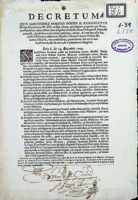 Decreto sobre altares privilegiados de la Orden de Frailes Menores y Letras de Benedicto XIII concediendo indulgencia plenaria a quienes visiten determinadas iglesias franciscanas.