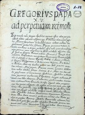 Breve de Gregorio XV sobre la institución del Vicario General de los Descalzos, su gobierno y facultades: “Gregorius Papa XV ad perpetuam rei memoriam…”